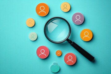 Magnifying glass focused on colored circular icons representing user profiles on a blue background symbolizing search or analysis of people