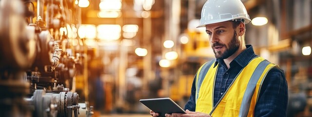 Industrial worker wearing safety helmet and yellow vest inspecting machinery and using digital tablet in a factory environment with warm lighting