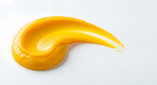 Swirl of Vibrant Yellow Sauce on White, Culinary Abstract, Close-up.