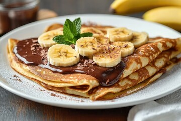 Folded crepes topped with chocolate spread, banana slices, grated chocolate, and a sprig of fresh mint served on a white plate with bananas in the background