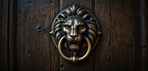 Close up of a Polished Brass Lion Head Door Knocker, Detailed Texture, Moody Lighting
