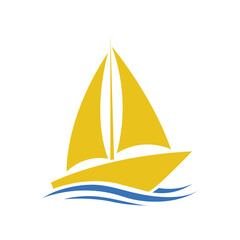 Yellow sailboat sailing on curved blue water against white background offers clean simple nautical feel
