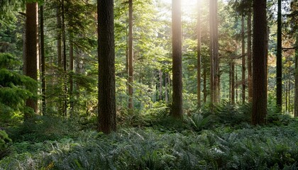 Fototapeta premium Lush Evergreen Forest With Sunlight Filtering Through Treeline Transparent Background