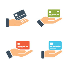 Four hands gently offer credit cards in varied hues on a clean white background