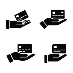 Four illustrations show a hand presenting a credit card on a white background
