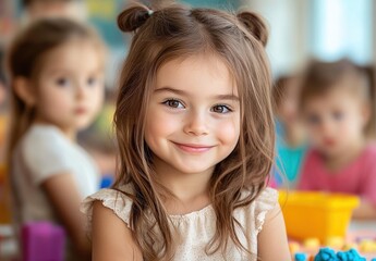 Fototapeta premium Close-up of a smiling young girl with brown hair in pigtails sitting indoors with other children playing in the blurred background