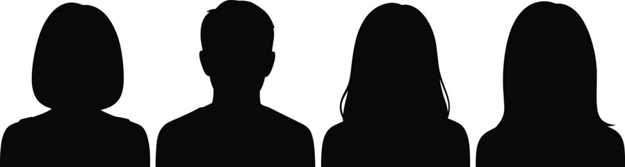 Silhouette of diverse group of four anonymous people standing side by side in profile minimalistic concept illustration, vector image background