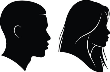 Silhouette of man and woman profile, black vector illustration of male and female heads, face outline design for graphic use