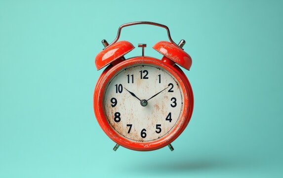 Old red twin bell alarm clock with rust marks showing time at 10:10 against solid light blue background, evoking a nostalgic and vintage feeling - Powered by Adobe