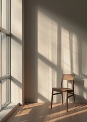 Wooden chair with window shadows in minimalist interior scene