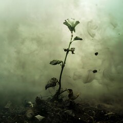 Small Dying Plant on Dark Soil in Smoky Atmospheric Haze