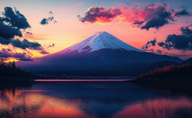 Fototapeta premium Majestic snow-capped mountain during vibrant sunset with colorful sky and dramatic clouds reflected in calm lake waters surrounded by dark forest silhouettes