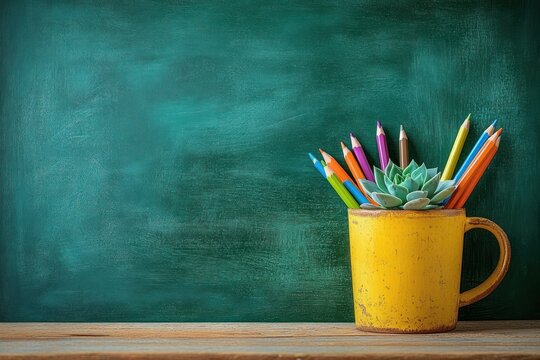 Yellow rustic mug holding a succulent plant and colorful sharpened pencils on wooden surface against green chalkboard background