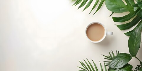 Coffee mug surrounded by tropical green leaves on a light background, flat lay
