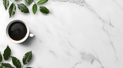 Minimalist Coffee Cup with Green Leaves on White Marble Background