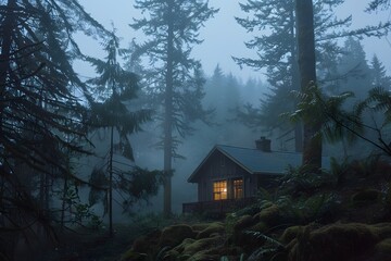 Isolated cabin in a dense foggy forest at dusk with warm light