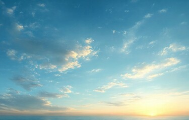 Obraz premium Calm ocean horizon with a serene blue sky filled with scattered soft clouds and a warm glow from the setting sun