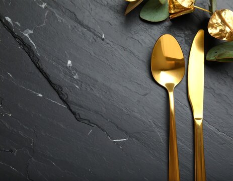 Gold cutlery on dark stone - Powered by Adobe