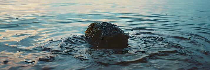 Calm ocean waves gently hitting a lone rock in the water
