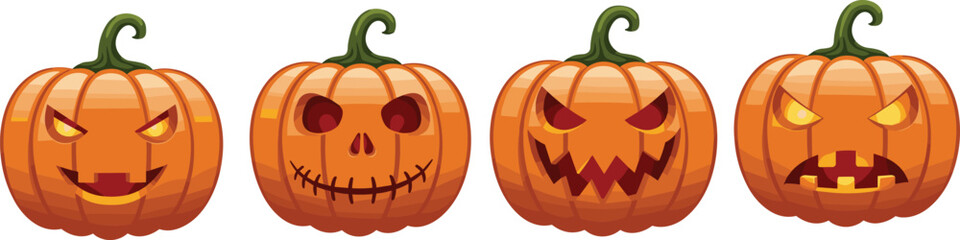 Set of carved Halloween pumpkins with scary faces, spooky jack-o’-lanterns illustration, perfect for Halloween party, decoration, or horror themes.