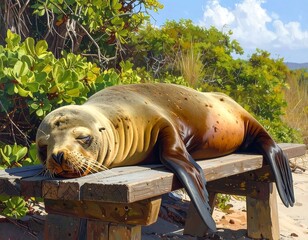 Lazy sea lion resting on a wooden bench amidst lush foliage