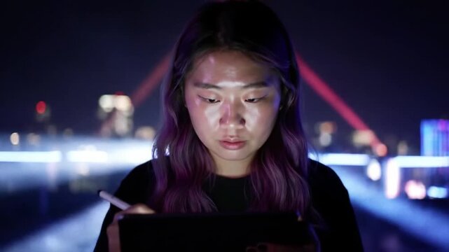 Creative woman using digital tablet with stylus pen under futuristic urban lights at night