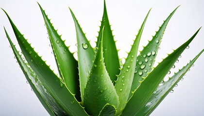 Obraz premium Aloe Vera Plant With Water Droplets On Thick Green Leaves Isolated On White Background