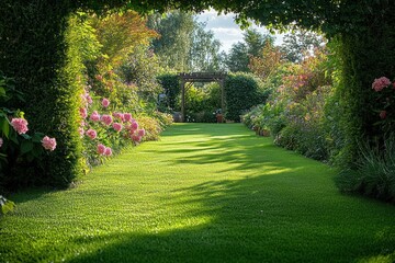 Obraz premium Sunlit garden pathway framed by lush green foliage and blooming pink flowers leading to a wooden pergola under a partly cloudy sky