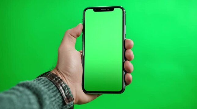 Man's hand holding a modern smartphone on green screen ready background.