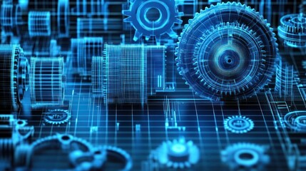 Obraz premium Futuristic digital blueprint of mechanical gears and machinery components in glowing blue wireframe style with high-tech engineering details
