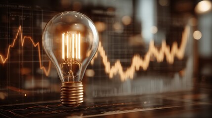 Vintage light bulb glowing softly in foreground with abstract graph and chart background representing energy consumption and innovative technology in business environment