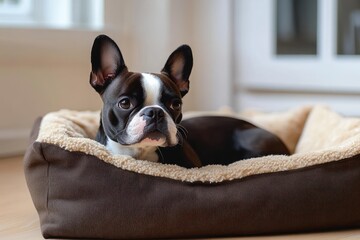 black and white small dog lying comfortably in a soft plush pet bed indoors looking alert and curious
