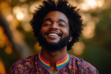 Happy young man with afro hairstyle wearing a colorful patterned shirt and a rainbow collar smiling warmly in an outdoor setting with blurred natural background