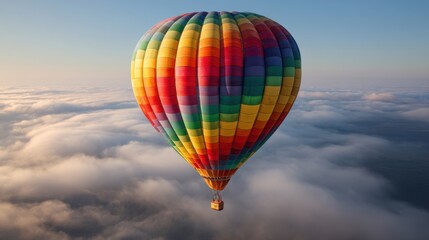 Naklejka premium Colorful Hot Air Balloon Floating Above Fluffy Clouds at Sunrise in a Stunning Sky Landscape with Vibrant Colors and Serene Atmosphere