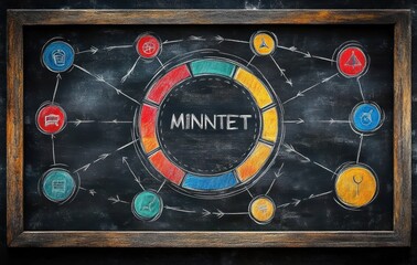 Chalkboard diagram with colorful segmented circle in the center labeled Minntet and various connected circular icons depicting technology and communication elements