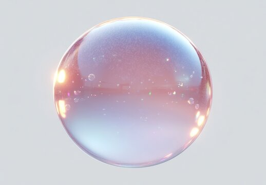 Close-up of a transparent iridescent soap bubble floating against a soft gray background with glowing light reflections and subtle rainbow hues - Powered by Adobe