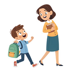 Happy Boy and Teacher: First Day of School on transparent background