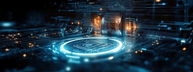 Futuristic digital circuit board with glowing blue and orange lights representing advanced technology and data processing