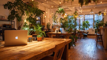 Fototapeta premium Cozy coworking office interior with wooden tables, warm lighting, and laptops, collaborative workspace highlighting remote culture, modern design, and the stylish lifestyle of contemporary offices