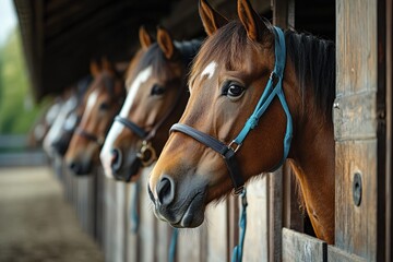 Fototapeta premium Close-up view of multiple brown horses wearing blue halters standing in wooden stable doors looking outside with calm expressions
