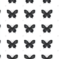 Obraz premium Seamless pattern of black butterflies with spread wings on white background, symmetrical and evenly spaced