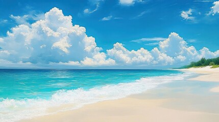 Peaceful tropical beach with turquoise waves gently lapping on white sandy shore under a blue sky with fluffy white clouds