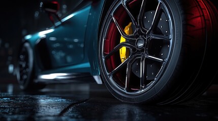 Close-up of a sleek sports car wheel with black alloy rim and yellow brake caliper under dramatic lighting on wet pavement