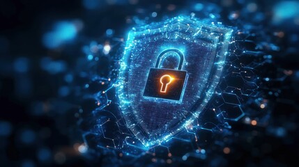 Glowing digital shield with a padlock symbol at the center surrounded by network connections and hexagonal patterns representing cybersecurity and data protection