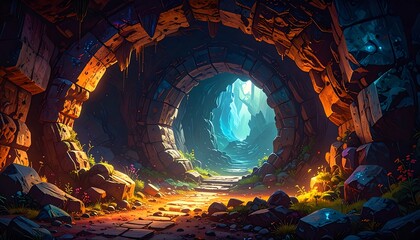 A vibrant, stylized cave interior with a pathway leading to a luminous opening