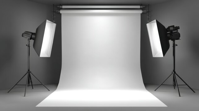 Professional photography studio setup with two studio lights and a seamless white backdrop for creative photo shoots and artistic projects