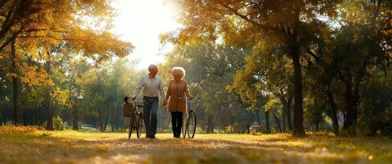 Elderly couple walking hand in hand with bicycles through a sunlit autumn park surrounded by golden trees