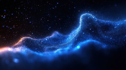 Abstract visualization of glowing blue and orange particles forming wave-like patterns against a dark background, evoking a sense of cosmic energy and fluid motion