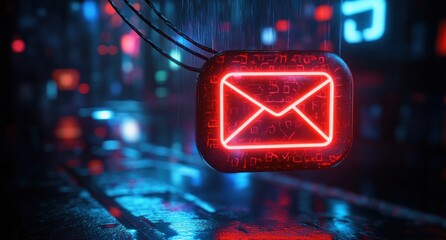 Glowing neon red envelope icon suspended with wires in a dark futuristic environment with blue and red light reflections and digital patterns