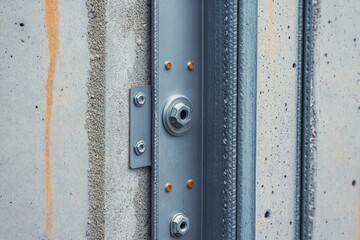 Close-up of metal bolts, nuts, and fasteners attached to a gray steel beam with a textured concrete wall in the background, highlighting industrial construction details